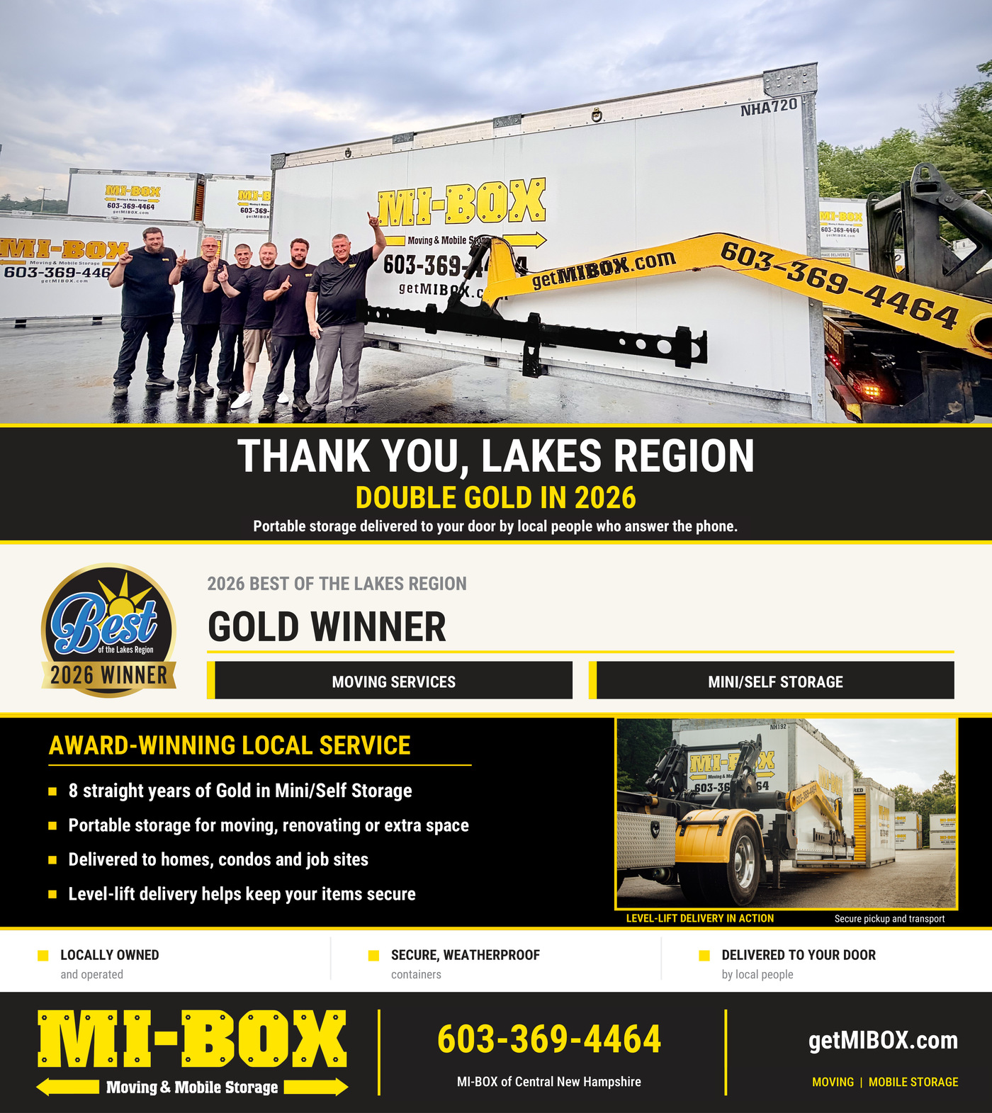 MI-BOX of New Hampshire — 2026 Best of the Lakes Region Double Gold winner for Moving Services and Mini/Self Storage