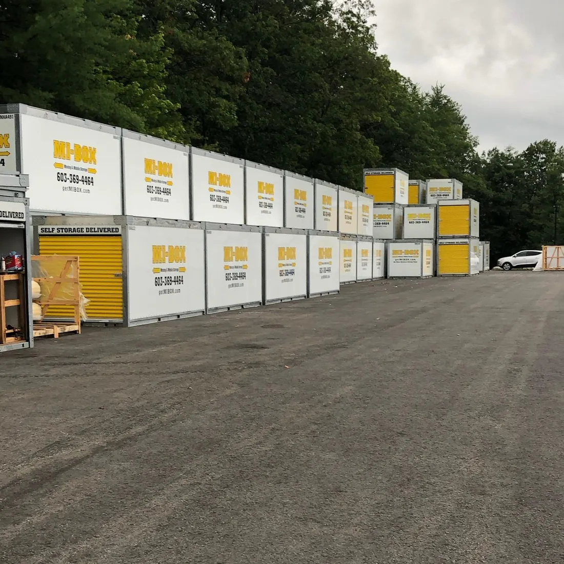 Rows of MI-BOX portable storage containers at the Tilton NH facility