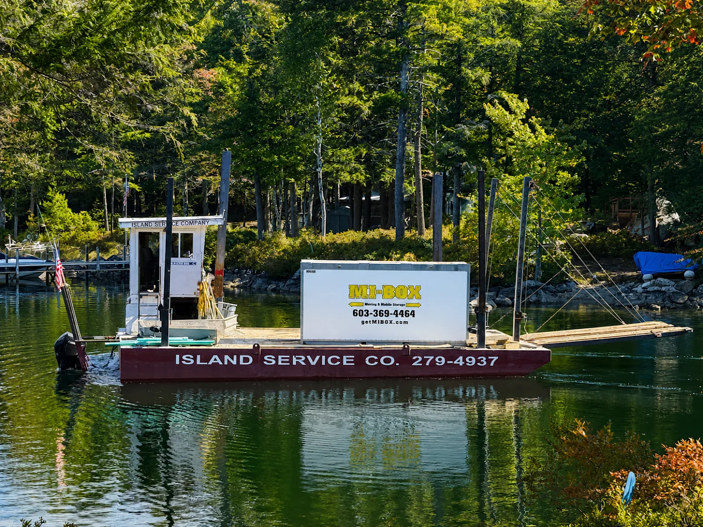 MI-BOX container on the Island Service Co. barge for Lake Winnipesaukee island delivery